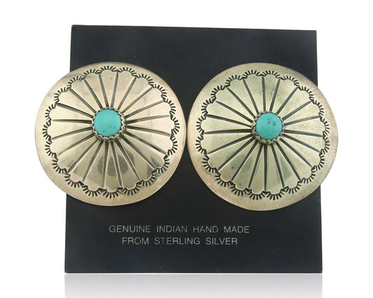 Navajo Earrings 925 Silver Handmade Concho Natural Turquoise Native Artist C80s