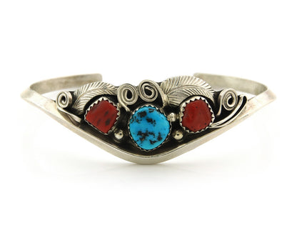 Navajo Cuff Bracelet Sterling Silver Natural Coral Turquoise Sign Justin Morris
