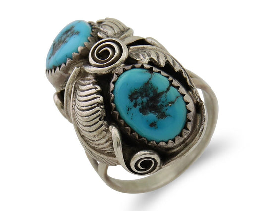 Navajo Ring .925 Silver Sleeping B Turquoise Artist Signed MP C.80's