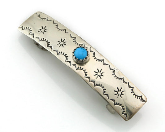 Navajo Barrette Sterling Silver Turquoise Hand Stamped Vintage Native Artist
