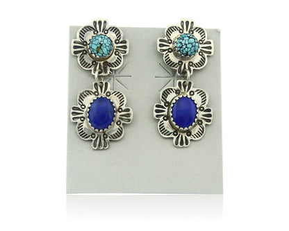 Navajo Earrings Sterling Silver Lapis & Truquoise Vintage Signed Mary Ellen