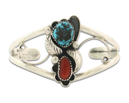 Vintage Navajo Bracelet 925 Silver Red Coral Turquoise Authentic