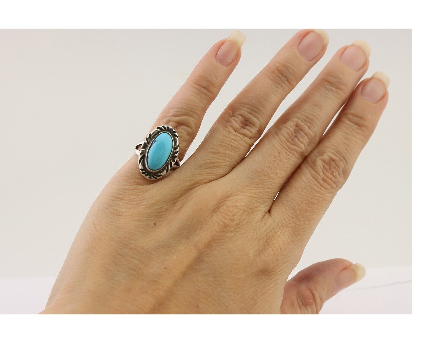Navajo Ring 925 Silver Sleeping Beauty Turquoise Artist Signed SC C.80's