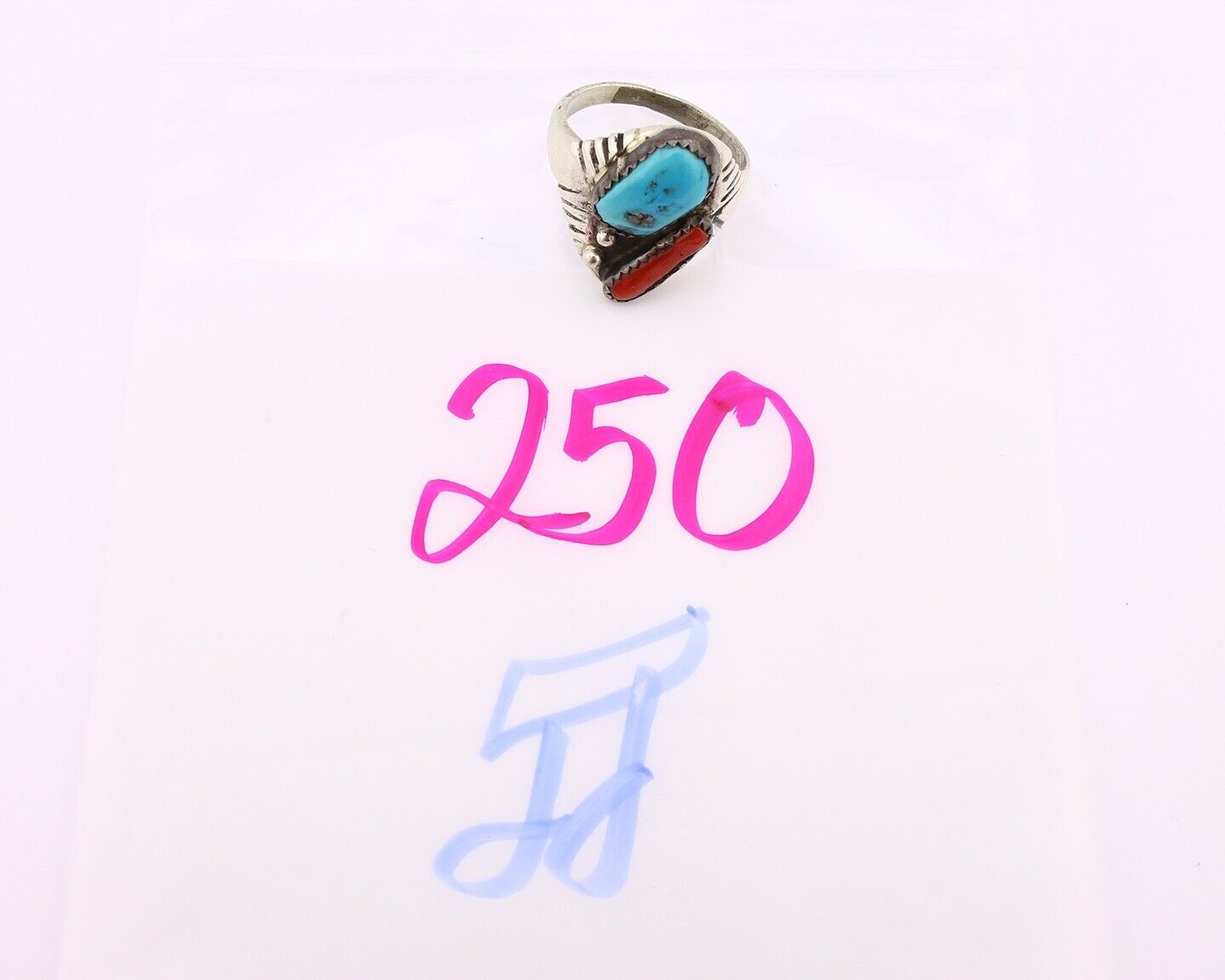 Navajo Ring 925 Silver Sleeping Beauty Turquoise & Coral Native Artist C.80s