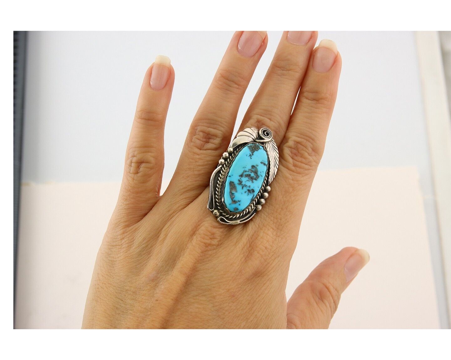 Navajo Ring 925 Sterling Turquoise Artist Justin Morris C.80's Size 7.5