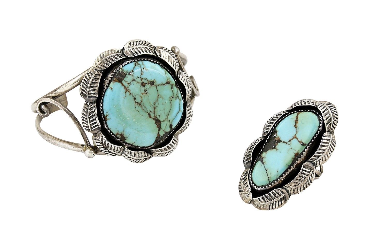 VTG Old Pawn Navajo Natural Turquoise .925 Sterling Silver Ring & Bracelet Set
