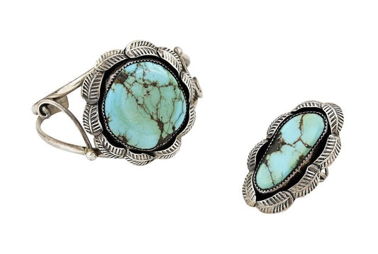 VTG Old Pawn Navajo Natural Turquoise .925 Sterling Silver Ring & Bracelet Set