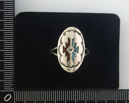 Navajo Ring 925 Sterling Natural Chip Inlay Coral & Turquoise C.80's Size 7.5