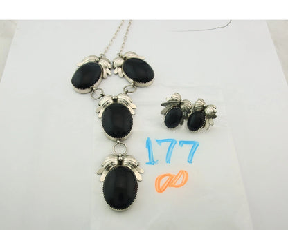 Navajo Necklace Earring Set Sterling Silver Onyx Vintage Signed NS