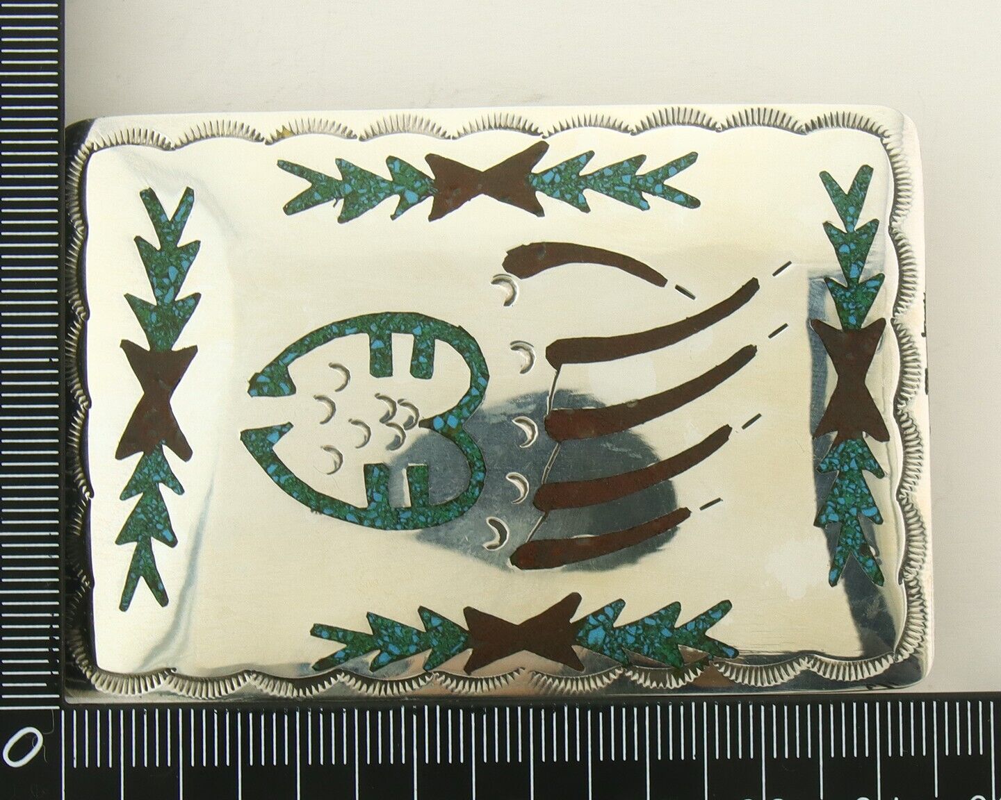 Vintage Navajo Belt Buckle 925 Silver Handmade Inlaid Gemstone Signed HB