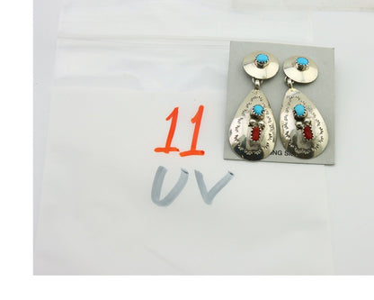 Navajo Earrings 925 Silver Turquoise & Coral Artist Signed Leeann Lee C.80's