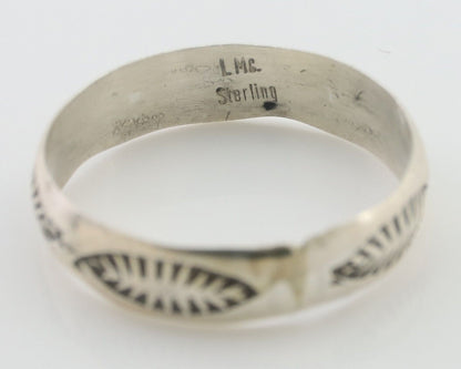 Navajo Hand Stamped Band 925 Silver 5.0 mm Signed Larry Chavez Size 8.5 C.80's