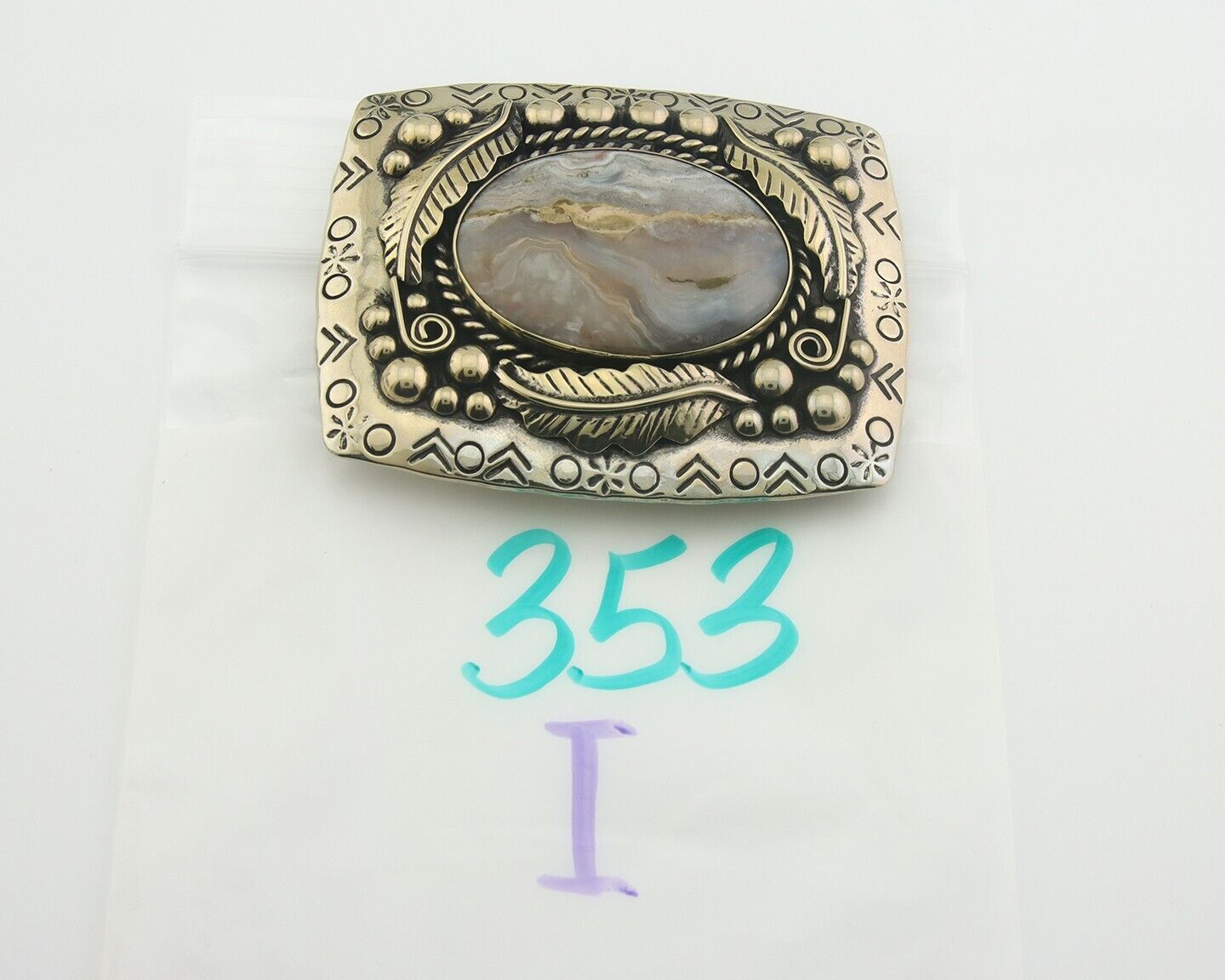 Navajo Belt Buckle .999 Nickel Agate Native Artist Handmade 2.5 x 3.0 in C.80s