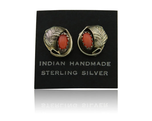 Navajo Earrings 925 Silver Natural Red Coral Native American Artist C.80's