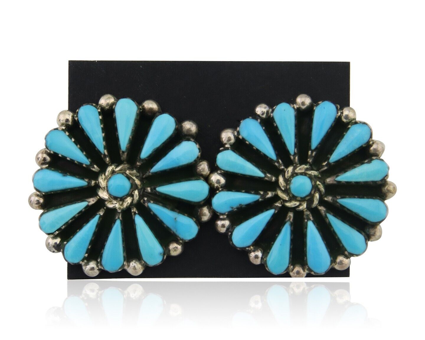 Navajo Petit Point Earrings 925 Silver Turquoise Signed Benson Yazzie C.80's