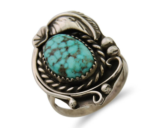 Navajo Ring 925 Sterling Silver Spiderweb Turquoise Artist Signed CW C.80's