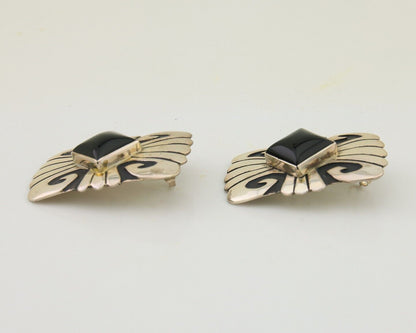 Navajo Handmade Earrings 925 Silver Onyx Artist Signed Thomas Singer C.70's