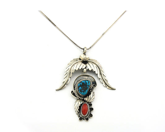 Navajo Necklace Sterling Silver Turquoise Coral Vintage Signed L Yazzie
