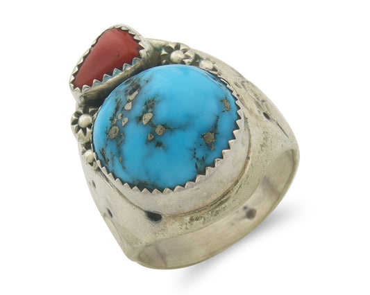 Men Heavy Navajo Ring 925 Sterling Coral & Turquoise C.80's Size 10.75