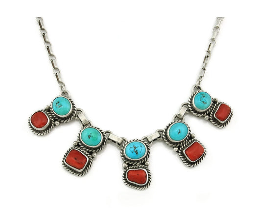 Navajo Necklace 925 Sterling Silver Vintage Turquoise & Coral Handmade