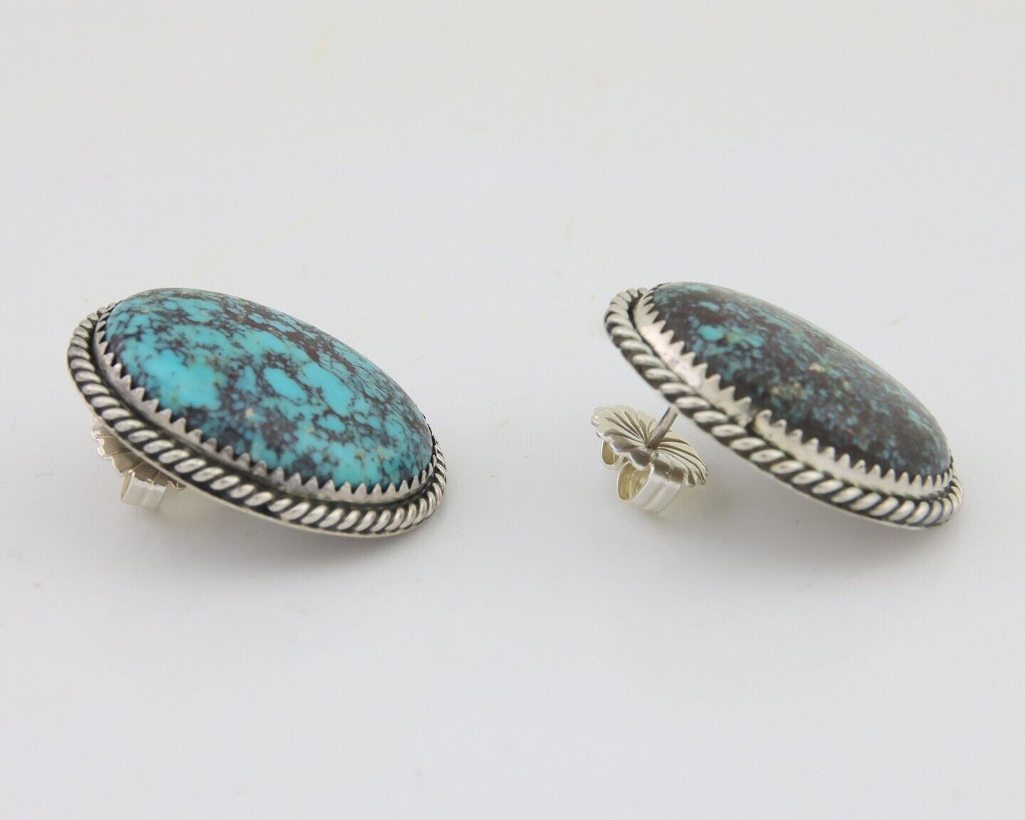 Navajo Earrings 925 Silver Blue Diamond Turquoise Signed Running Bear C.80's