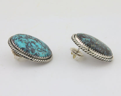 Navajo Earrings 925 Silver Blue Diamond Turquoise Signed Running Bear C.80's