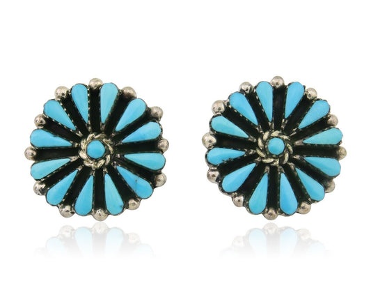 Navajo Petit Point Earrings 925 Silver Turquoise Signed Benson Yazzie C.80's