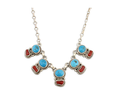 Navajo Necklace 925 Silver Natural Blue Turquoise & Coral Native American C80s