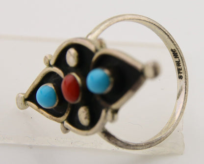 Navajo Handmade Ring 925 Silver Turquoise & Coral Native Artist C.80's