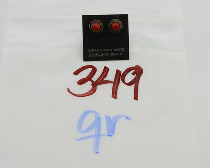 Navajo Earrings 925 Silver Natural Red Coral Native American Artist C.80's