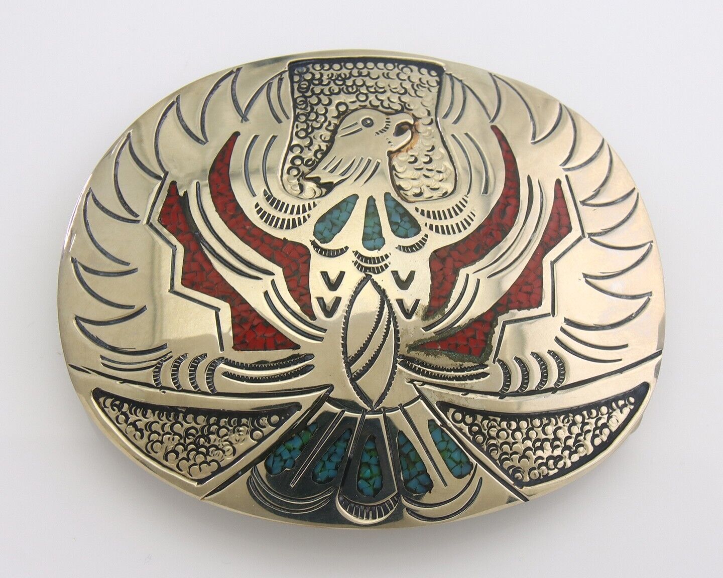 Navajo Belt Buckle .999 Nickel Buffalo Gemstone Signed Chee Keams 3x3.5 in C.80s