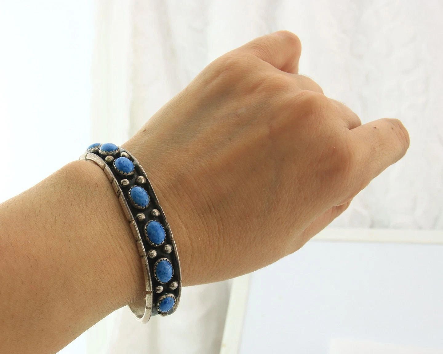 Navajo Cuff Bracelet Sterling Silver Natural Denim Lapis Vintage Handmade
