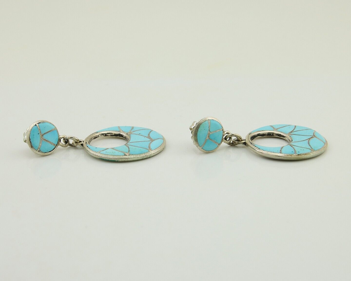 Zuni Dangle Earrings 925 Silver Natural Blue Turquoise Signed ELB C.80's