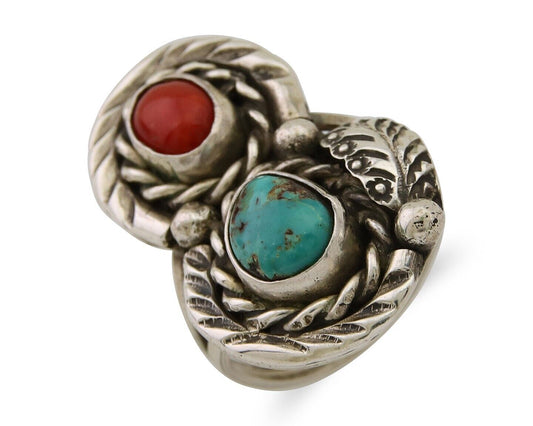 Navajo Handmade Ring 925 Silver Turquoise & Coral Native Artist C.80's