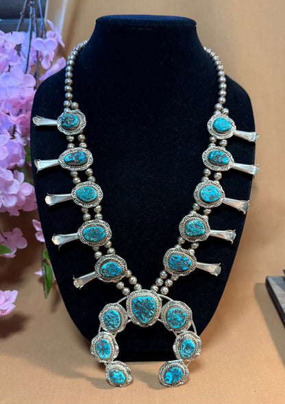 Navajo Sterling Silver Squash Necklace Authentic Nugget Turquoise Vintage Signed