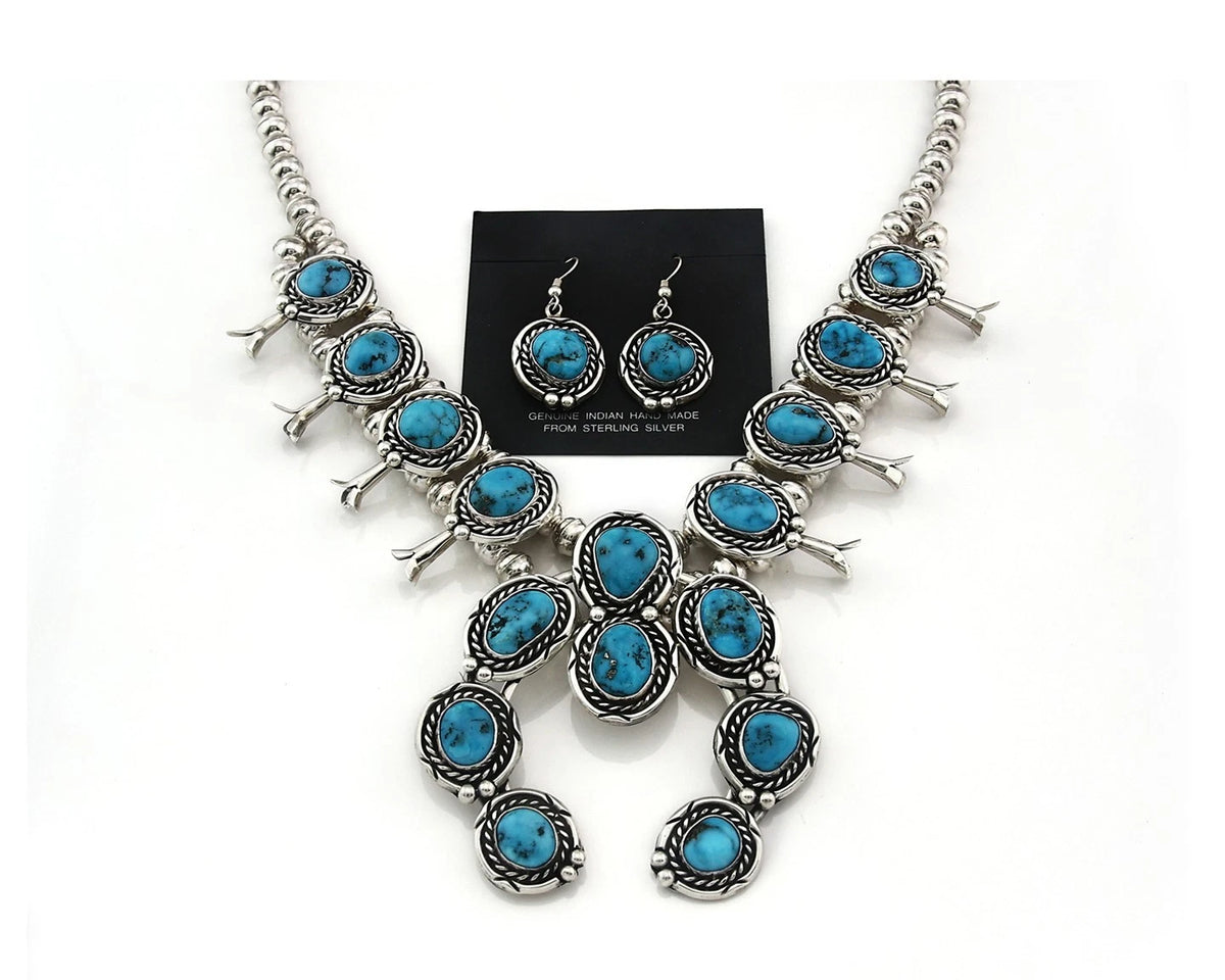 Navajo Necklace Earring Set Sterling Silver Vintage Morenci Turquoise Handmade