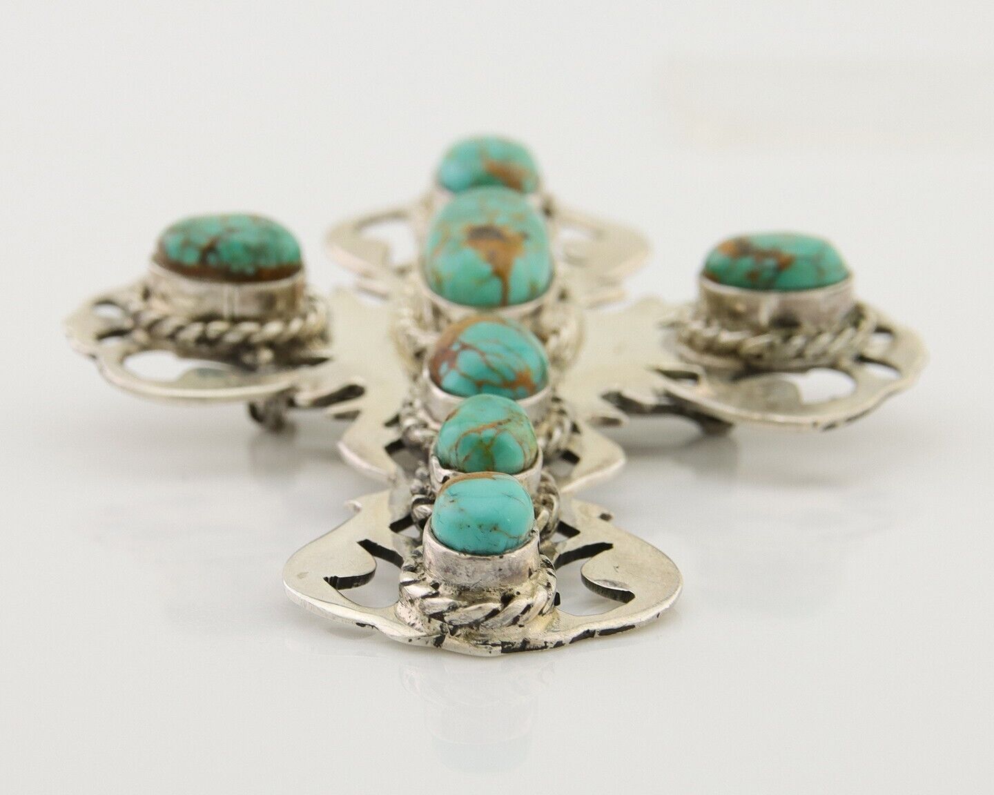 Navajo Pin Pendant 925 Silver Natural Spiderweb Turquoise Artist Signed Sun Set