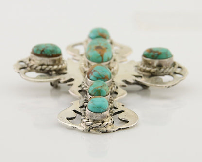 Navajo Pin Pendant 925 Silver Natural Spiderweb Turquoise Artist Signed Sun Set