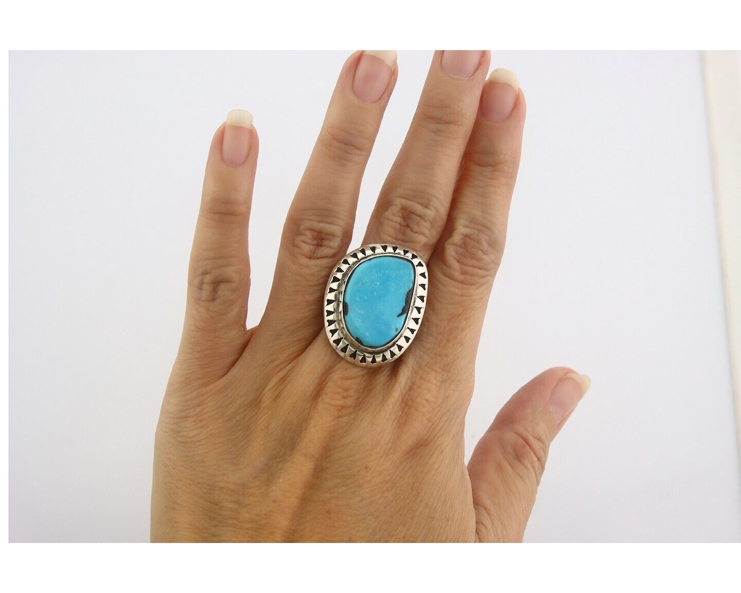 Navajo Ring 925 Sterling Turquoise Handmade Native Artist C.80's Size 9.0