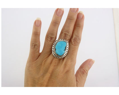 Navajo Ring 925 Sterling Turquoise Handmade Native Artist C.80's Size 9.0