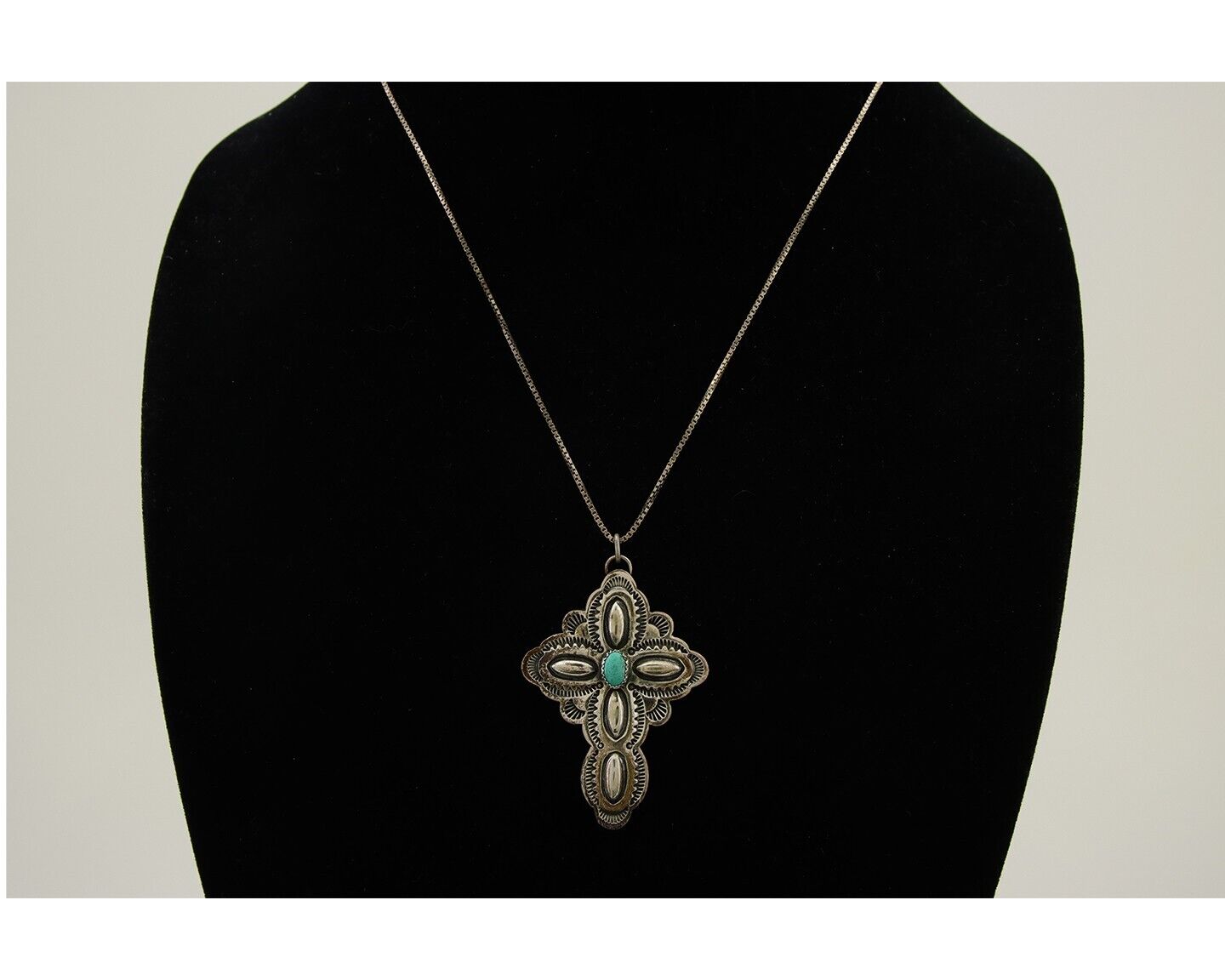 Navajo Cross Hand Stamped Necklace 925 Silver Turquoise Artist JRS C.80's