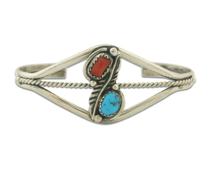 Navajo Bracelet 925 Silver Coral & Turquoise Cuff Signed Running Bear C.80's