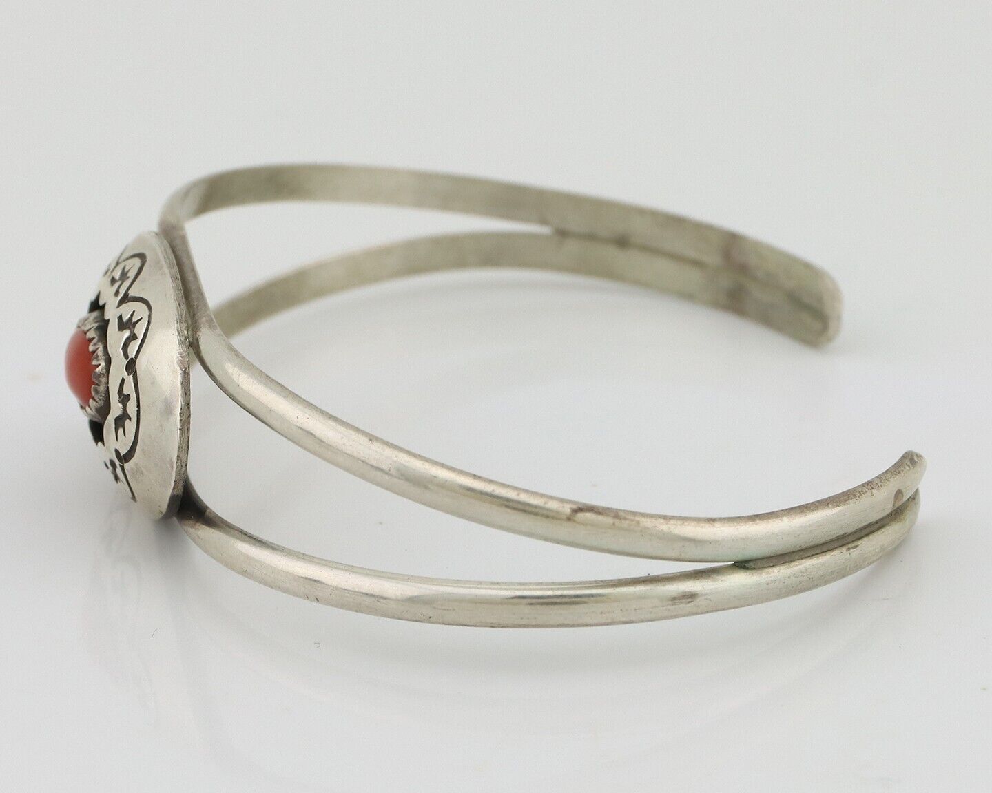 Navajo Bracelet 925 Silver Natural Red Coral Artist Signed AR ARROW C.80's