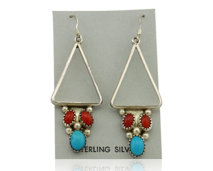 Navajo Earrings 925 Silver Turquoise & Coral Native American Artist C.80's