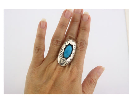 Navajo Ring 925 Sterling Turquoise Handmade Native Artist C.80's Size 7.5