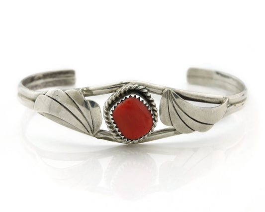 Navajo Cuff Bracelet 925 Sterling Silver Coral Handmade Vintage Signed HS