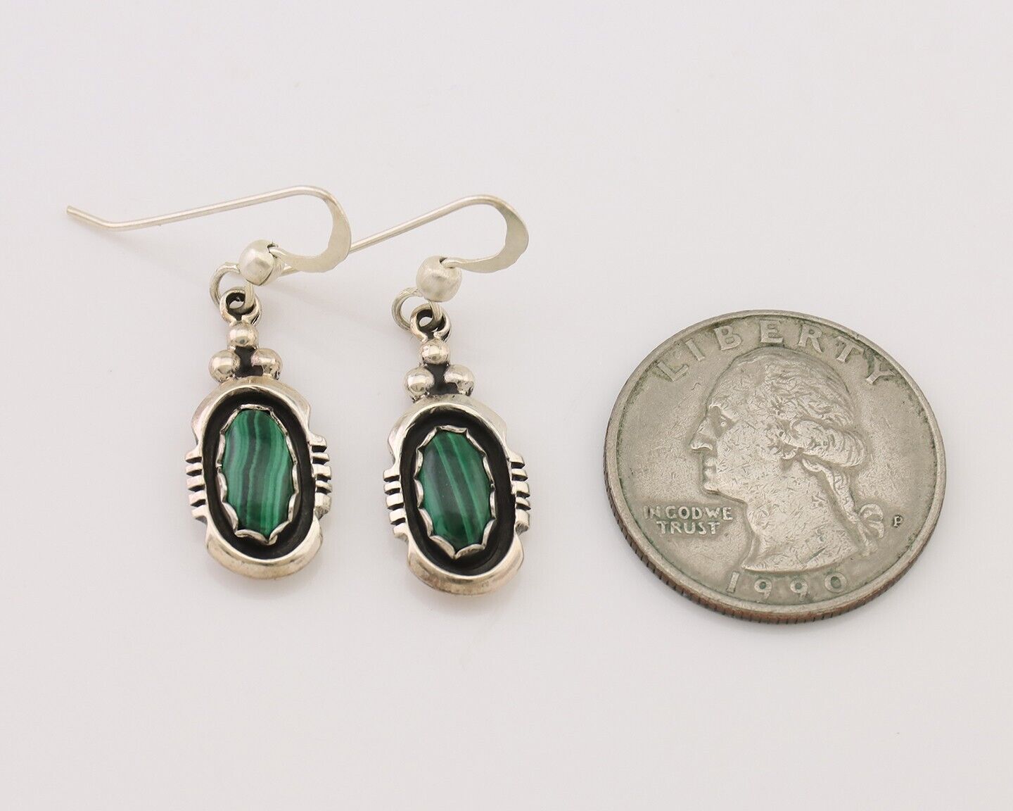 Navajo Dangle Earrings 925 Silver Natural Malachite Native American Artist C.80s