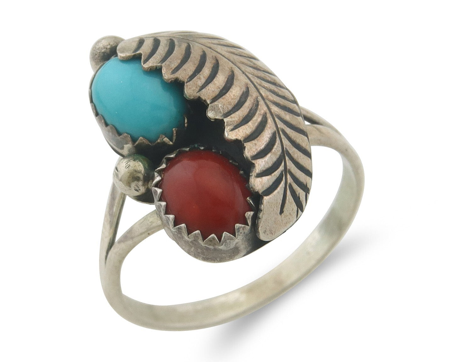 Navajo Ring 925 Sterling Natural Coral & Turquoise Signed BB C.80's Size 8.75