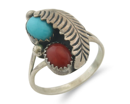 Navajo Ring 925 Sterling Natural Coral & Turquoise Signed BB C.80's Size 8.75