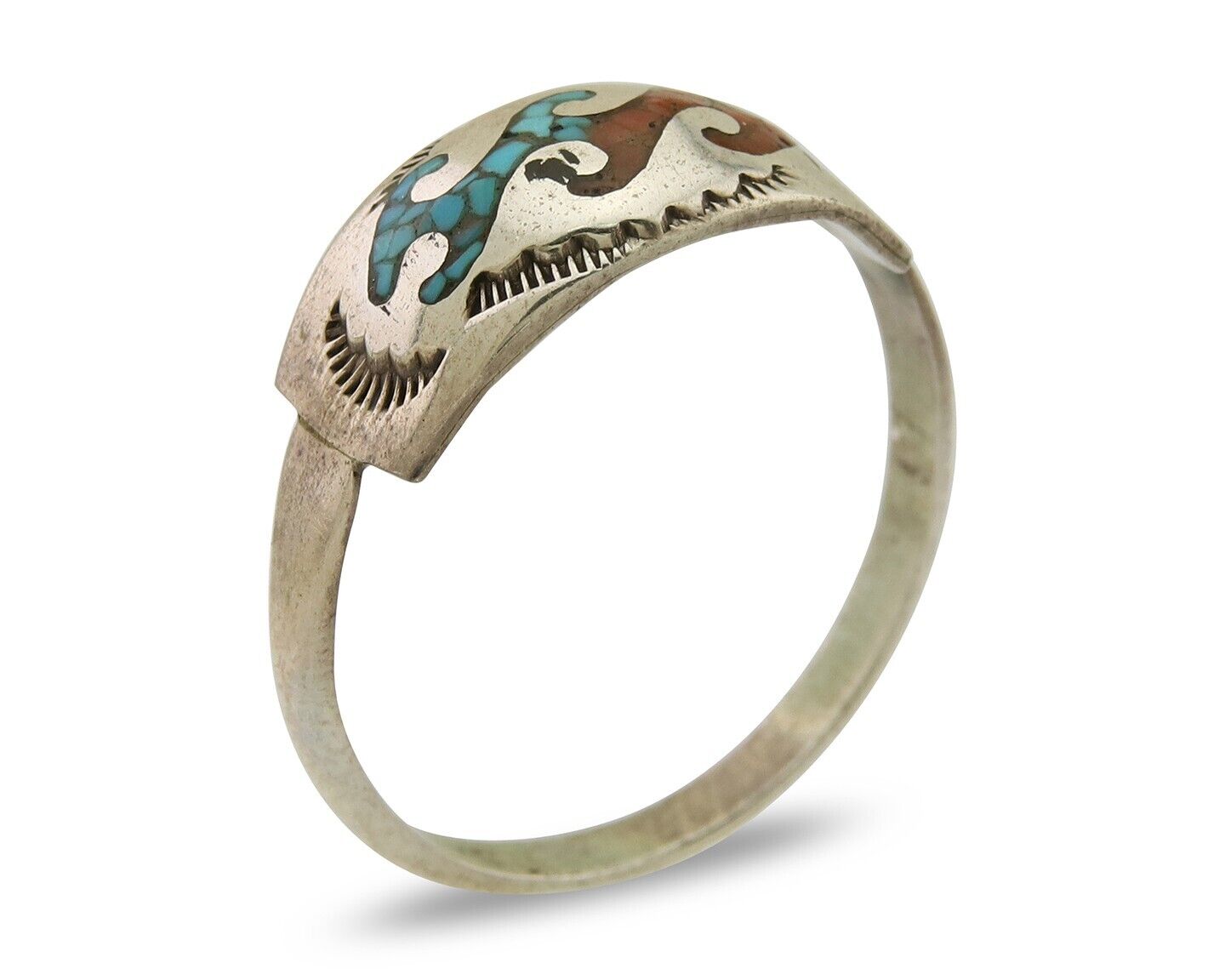 Men Navajo Wave Ring 925 Silver Coral & Turquoise Native Artist C.80's